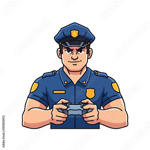 Cartoon police officer holding a video game controller with serious expression