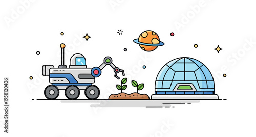 Future planet engineering featuring a robotic rover placing small plants into alien soil while a dome habitat appears nearby. The scene reflects human ambition