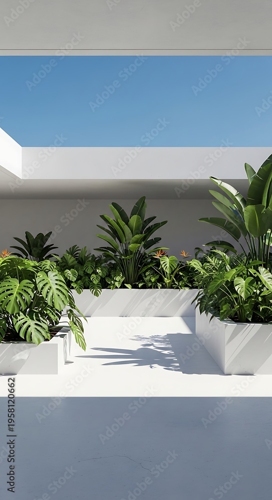 Naklejka premium Modern minimalist terrace with lush green plants in white planters under a clear blue sky