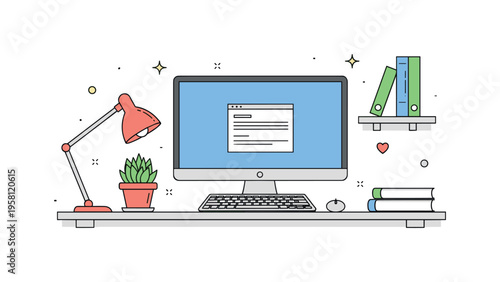 Minimal workspace desk setup with a slim monitor, keyboard, and a small potted plant bringing a touch of life to a tidy desk surface. The composition reflects