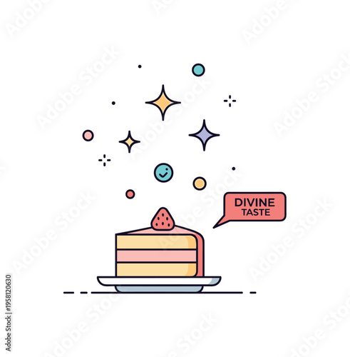 Divine flavors heavenly dessert moment with a delicate cake slice placed on a small plate while soft sparkles and star icons rise like magical aroma above the