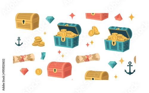 cute treasure icons seamless pattern, repeating pattern, surface design, textile print, soft color palette, modern illustration, flat vector playful treasure