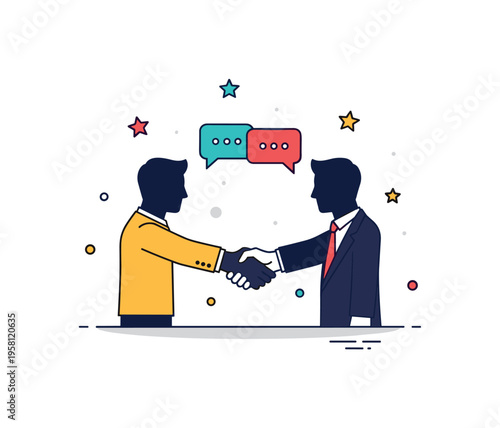 Networking handshake moment illustrated by two business silhouettes exchanging a handshake beneath subtle speech bubble accents, symbolizing communication and