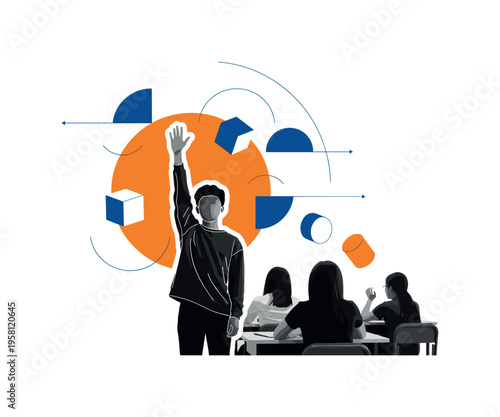black and white student raising a hand in a classroom setting, cut-out figure with white contour outline, large orange circle behind symbolizing curiosity and