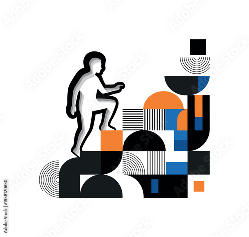 human figure climbing geometric steps abstract semicircles lines and geometric blocks symbolizing personal growth and moving forward black and white retro