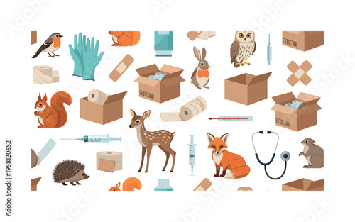 wild animal care supplies with gloves, boxes, bandages, birds and small mammals composition, seamless pattern, repeating pattern, surface design, textile