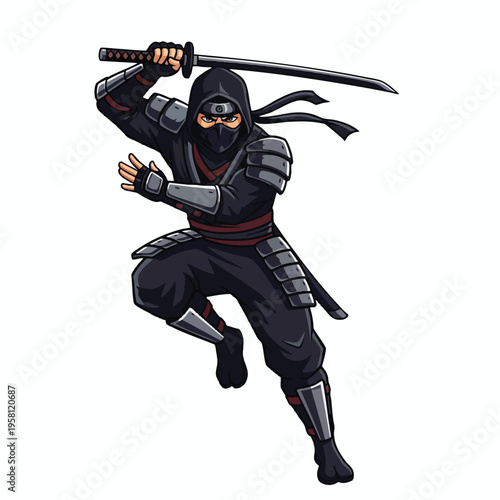 Agile figure in dark hooded attire, wielding a sword mid-action