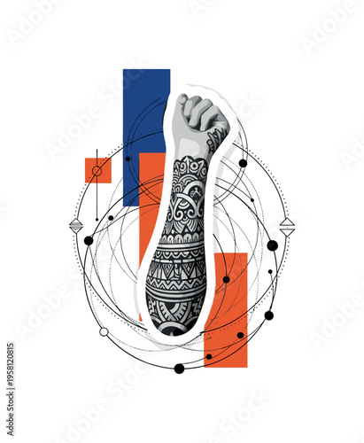 black and white realistic tattooed arm displaying traditional cultural patterns, white cut-out outline around the arm, layered geometric circles and thin