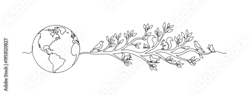 Protect Life on Earth. Minimalistic one-line drawing globe transforming into tree branches with small animals integrated in the line, continuous single black