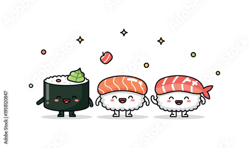 Sushi characters with faces adorable sushi pieces with simple happy expressions creating a charming and playful food illustration. Minimalist flat vector