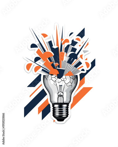 black and white light bulb breaking open with abstract circles, blocks and rays bursting from inside symbolizing powerful inspiration, cut-out collage style