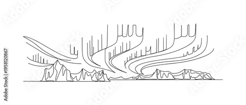 Northern Lights. Minimalistic one-line drawing silhouette of icy landscape with aurora borealis overhead, continuous single black line on white background,