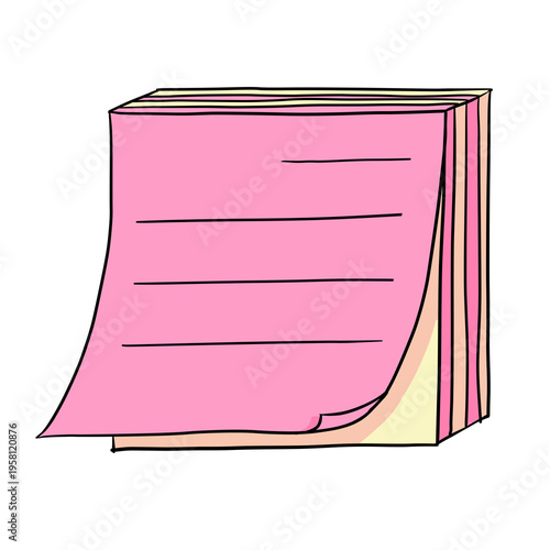Hand-drawn sticky notes with pink paper and curling corner. Stack of memo pads in cartoon style office