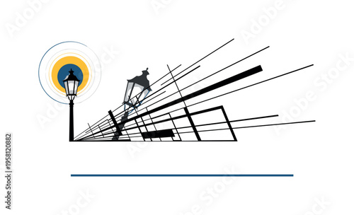 black-and-white vintage lamp post casting a long stylized shadow made from geometric rectangles and lines, circular halos above the lamp suggesting glow, warm