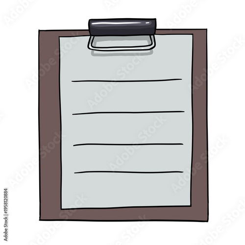 Hand-drawn clipboard with blank paper and lines. Simple cartoon style office stationery