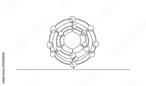 Neural Network Nodes. Minimalistic one-line drawing interconnected circles forming layered neural network structure, continuous single black line on white