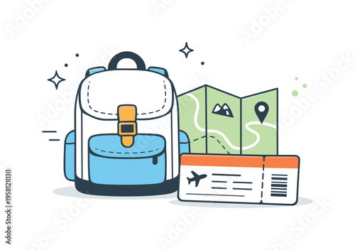 Ready for departure. A small group of travel objects including a backpack, map, and boarding pass arranged in a balanced composition. The illustration captures