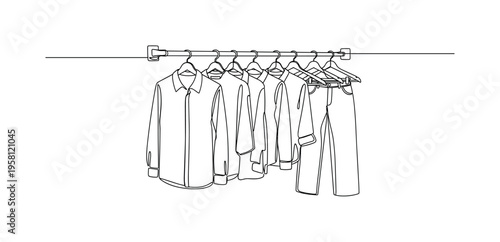 Clothes Hanging Rod. Minimalistic one-line drawing horizontal rod supporting casual clothing like shirts and pants on hangers, continuous single black line on