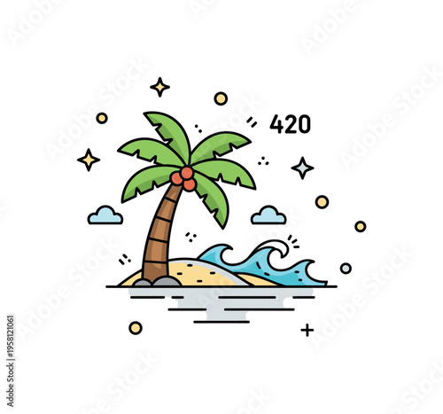 Tiny summer paradise adorable mini beach with palm tree, soft waves, and small decorative elements creating a whimsical tropical scene. Minimalist flat vector