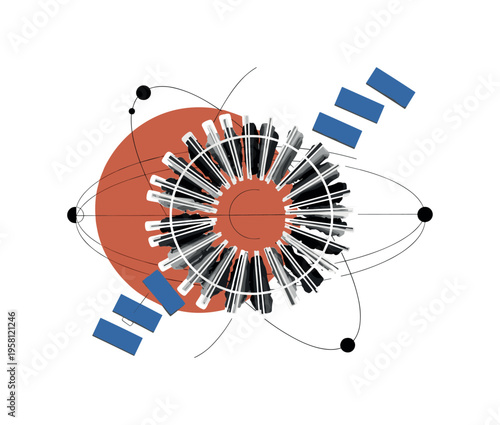 conceptual closet organization collage with a black and white circular clothing rack viewed from above, white cut-out outline effect around the structure, bold