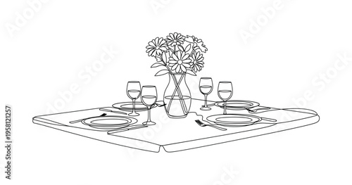 Garden Celebration Table. Minimalistic one-line drawing party table with plates, wine glasses and a flower vase centerpiece, continuous single black line on