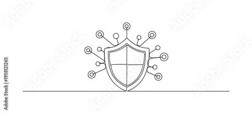 Internet Security Shield. Minimalistic one-line drawing shield icon guarding connected data points, continuous single black line on white background, simple