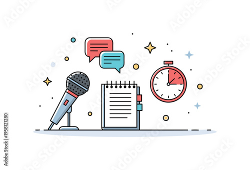 Public speaking preparation moment featuring a microphone, a small notebook of speech notes, and a timer icon symbolizing structured practice and rehearsal.