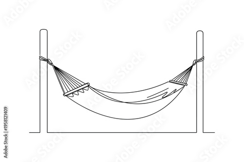 Nature Hammock. Minimalistic one-line drawing hammock tied between two vertical supports with gentle curved fabric line, continuous single black line on white