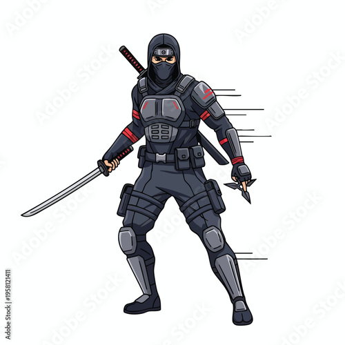 A masked ninja warrior in black tactical gear stands ready with sword and shuriken
