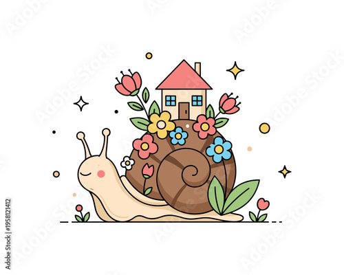 Little snail flower house cute snail slowly carrying a tiny house on its shell decorated with blooming flowers and leaves, creating a charming whimsical garden