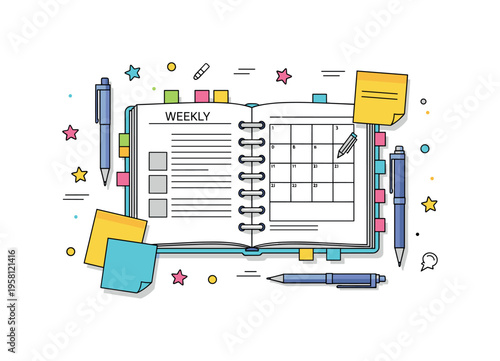 Weekly organization setup illustrated with a planner book open to a schedule layout while bright sticky notes and pens surround the page like creative tools.