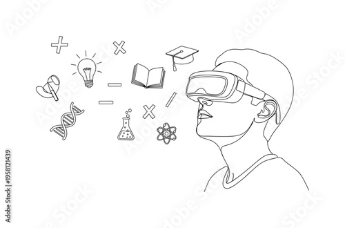 Interactive AR Learning Scene. Minimalistic one-line drawing person observing virtual educational symbols through augmented reality glasses, continuous single