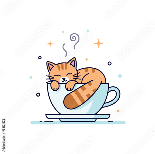 Cozy teacup nap a cute kitten curled up inside a small teacup, peacefully sleeping with its tail wrapped around its body while tiny steam swirls and a few