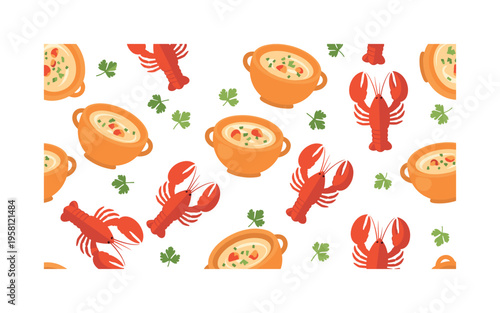 restaurant lobster bisque dish creamy soup bowls lobster claws parsley and spoons stylized as decorative culinary motifs, flat vector friendly