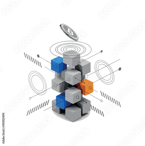 monochrome cube blocks stacked like a blockchain chain with digital coin hovering above them, layered circular rings and diagonal lines symbolizing secure