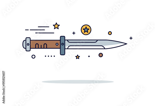 Bayonet historical weapon mounted on the end of a rifle with a small star badge and subtle motion lines suggesting readiness and battlefield tradition. The
