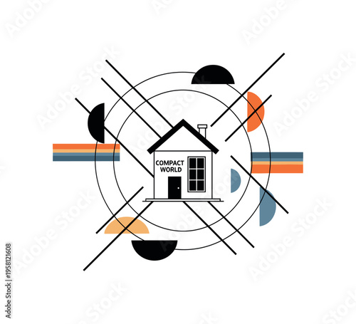 black-and-white tiny house placed inside a large geometric circle representing a compact world, diagonal lines and semicircles symbolizing simplified