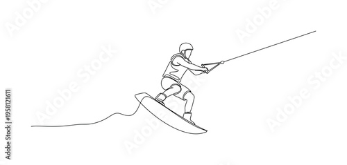 Trick Wakeboarding. Minimalistic one-line drawing person performing grab or spin trick on wakeboard, continuous single black line on white background, simple