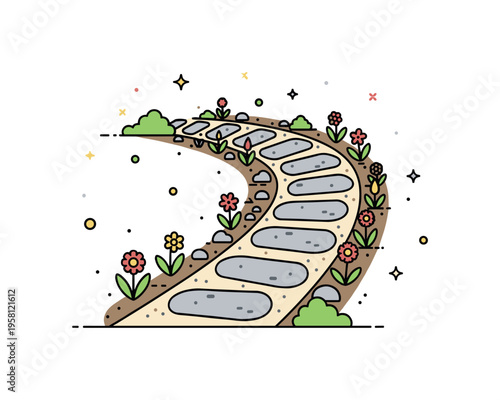 Curved garden stone path elegant curved pathway made of flat stones surrounded by small plants and garden flowers forming a natural outdoor walkway. The scene