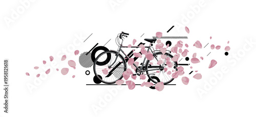 bicycle drifting through flower petals, scattered circles diagonal lines and abstract fragments suggesting movement, black and white retro bike surrounded by