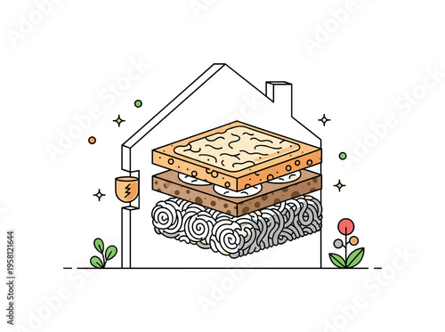 Natural insulation materials house cutaway showing layers of natural insulation like cork panels and wool fibers represented with simple texture icons. The