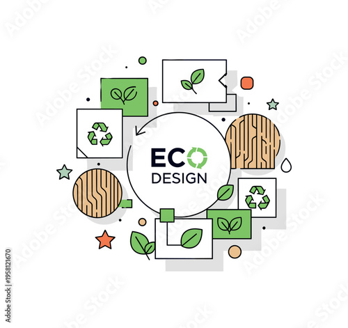 Green materials in modern design natural wood textures and recycled paper shapes combined with small leaf icons forming a symbolic eco design badge. The scene