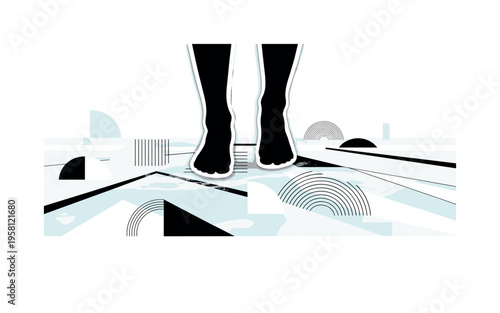 frozen feet stepping on geometric icy surface abstract semicircles lines and blocks symbolizing halted progression black and white retro feet objects with