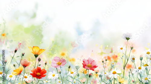 Vibrant watercolor painting of wildflowers in various colors, showcasing beautiful blend of nature beauty and tranquility
