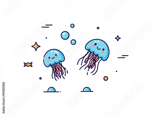 Mini glowing jellyfish playful tiny jellyfish drifting gently underwater with luminous tentacles and small bubbles adding charm. Minimalist flat vector