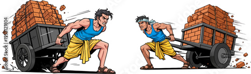 Two strong men pushing heavy carts loaded with red bricks, depicting hard work and construction effort vector