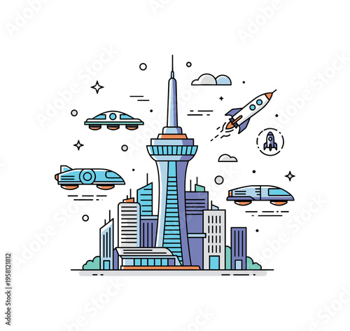 Future space transportation ecosystem centered on a sleek city tower with multiple hovering vehicles and a small rocket icon suggesting interplanetary travel.