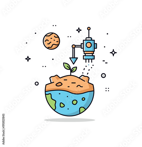 Terraforming concept with a small planet surface being transformed by a futuristic machine planting the first green sprout. The scene represents