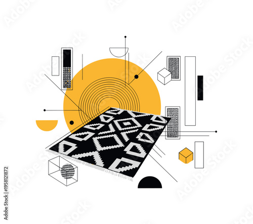 black and white rug with bold geometric pattern placed in the center of composition, bold yellow circle behind the rug representing warmth and comfort, thin