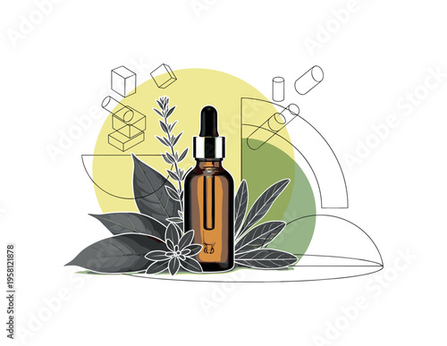 organic skincare dropper bottle surrounded by leaves and herbs, black and white photographic objects with white contour outline, large soft yellow circle